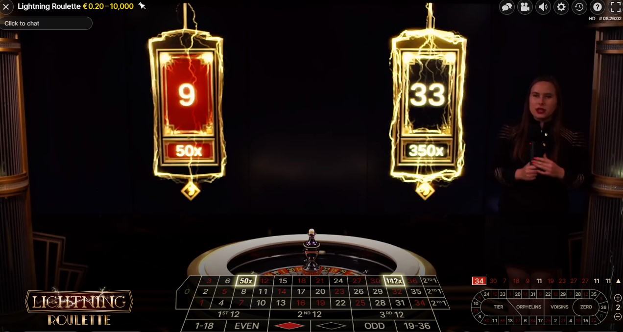 XXXtreme Lightning Roulette set-up showing lightning numbers 9 and 33 with multipliers.